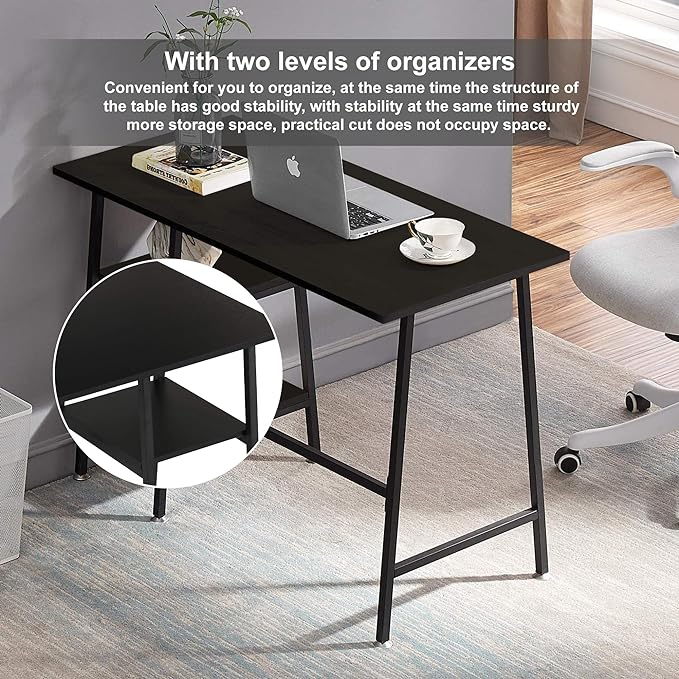 VECELO 43 Inch Home Office Computer Easy to Assemble Simple Table Modern Student Study Desk,Water Proof, Black+black leg - LeafyLoom