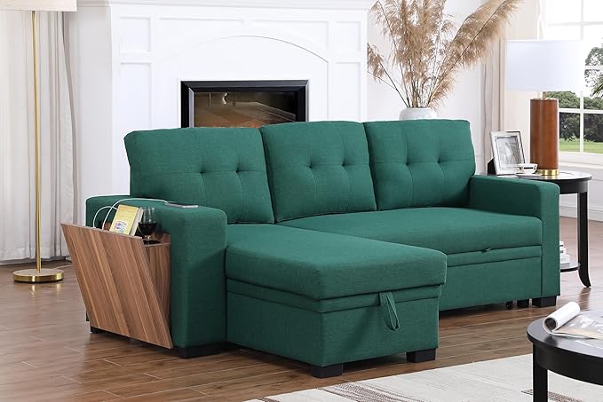 92 Inch L-Shape Sofa Sectional Convertible Storage Chaise Corner Couch Pull Out Sleeper Bed with USB Port and Cup Holder for Apartment, Dorm, Living Room, 92inch, Green-1 - LeafyLoom