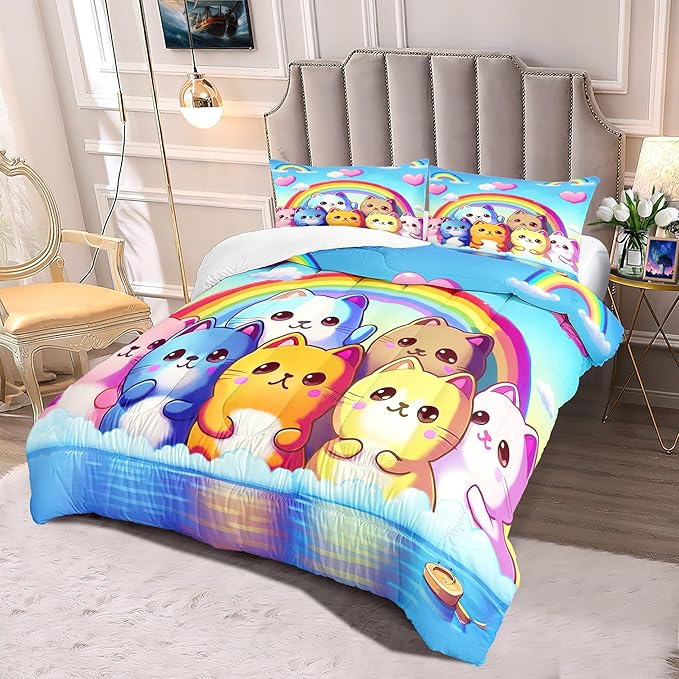 Rainbow Cat Comforter Queen Size - Rainbow Cat Bedding for Girls Room Cute Cartoon Rainbow Bedding Queen Comforter Sets for Kids, 1 Comforter+2 Pillowcases - LeafyLoom