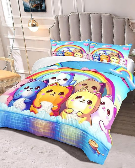 Rainbow Cat Comforter Full Size - Rainbow Cat Bedding for Girls Room Cute Cartoon Rainbow Bedding Full Comforter Sets for Kids, 1 Comforter+2 Pillowcases - LeafyLoom