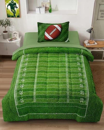 Football Comforter Set Twin Size for Teen Boys, Kids Football Field Bedding Green Themed Bedroom Set with Sheets, Twin Bed in a Bag Set - LeafyLoom