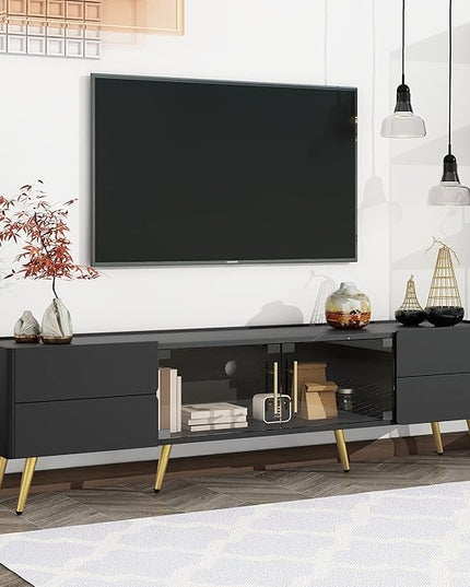 Merax Modern TV Stand for Televisions up to 80 Inches, Entertainment Center with Storage Drawers and Glass Door Cabinet, Marble-patterned Top Media Console Table & Metal Legs for Living Room, Black - LeafyLoom