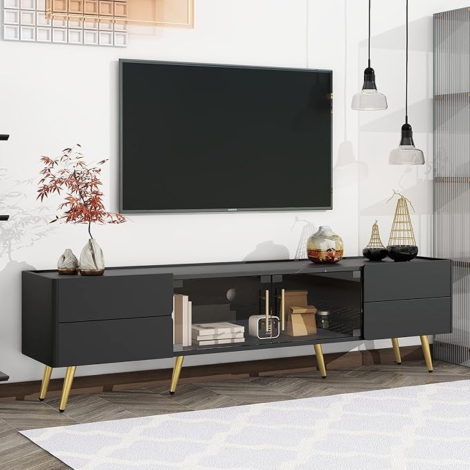 Merax Modern TV Stand for Televisions up to 80 Inches, Entertainment Center with Storage Drawers and Glass Door Cabinet, Marble-patterned Top Media Console Table & Metal Legs for Living Room, Black - LeafyLoom