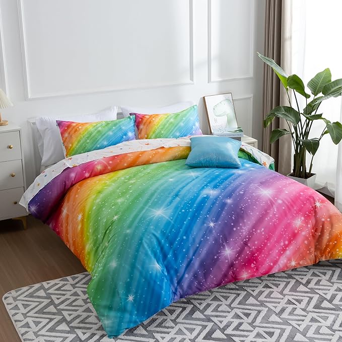 Btargot Super Soft 6 Pieces Gradient Star Ring Comforter Set, Colorful Glitter Rainbow Star Pattern Bedding Set for Boys Girls Teens,Full Multicolor - LeafyLoom