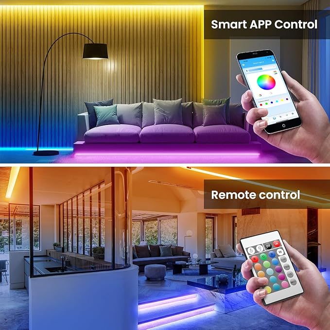 200ft Bluetooth Long LED Strip Lights, Music Sync Tape Lighting, RGB Color Changing LED Lights for Bedroom with Remote,Smart Phone APP Control, Ceiling Living Room Decor (APP+Remote+Mic/2 Roll) TJOY