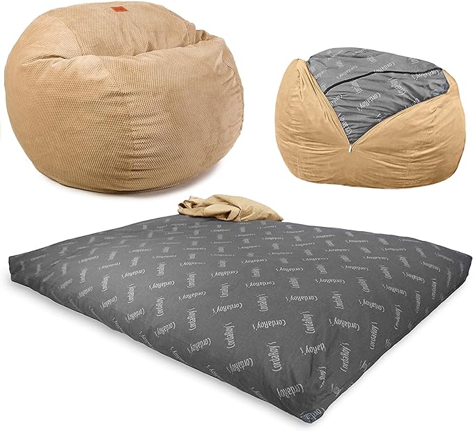 CordaRoy's Chenille Bean Bag Chair, Convertible Chair Folds from Bean Bag to Lounger, As Seen on Shark Tank, Tan - Full Size - LeafyLoom