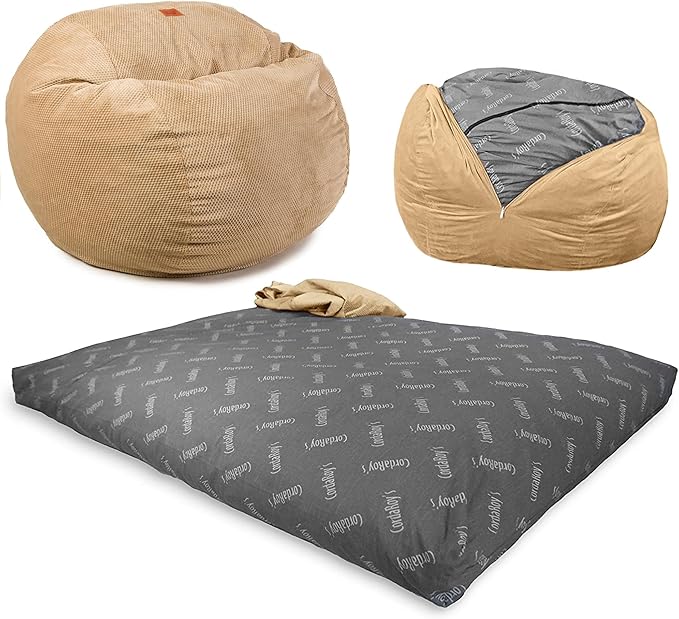 CordaRoy's Chenille Bean Bag Chair, Convertible Chair Folds from Bean Bag to Lounger, As Seen on Shark Tank, Tan - Queen Size - LeafyLoom