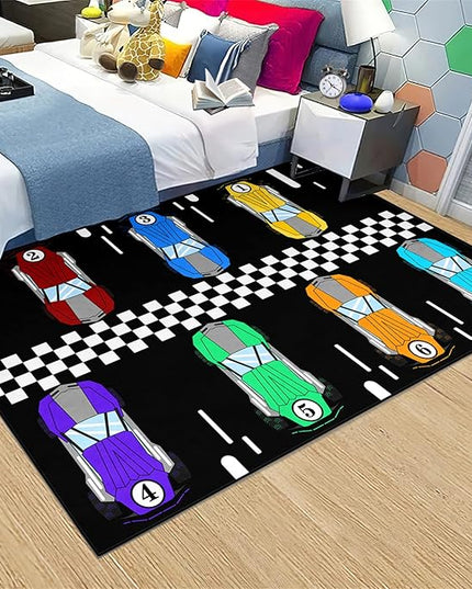 Race Car Rug Kids Play Area Rugs Race Car Track Rug Kids Rug with Roads and Tracks Car Track Carpet Car Rug for Boys Room Race Car Room Decor for Boys,Black 4'×5' - LeafyLoom