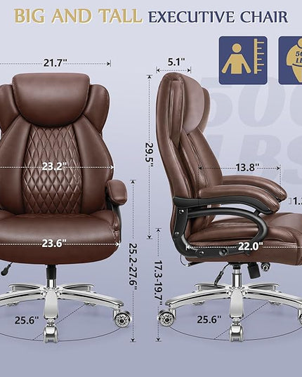 Big and Tall Office Chair 500lbs, Large High Back Executive Desk Chair with Extra Wide Seat, Heavy Duty Metal Base & Wheels, Ergonomic PU Leather Chair with Adjustable Lumbar Support, Brown - LeafyLoom