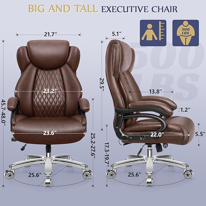 Big and Tall Office Chair 500lbs, Large High Back Executive Desk Chair with Extra Wide Seat, Heavy Duty Metal Base & Wheels, Ergonomic PU Leather Chair with Adjustable Lumbar Support, Brown - LeafyLoom