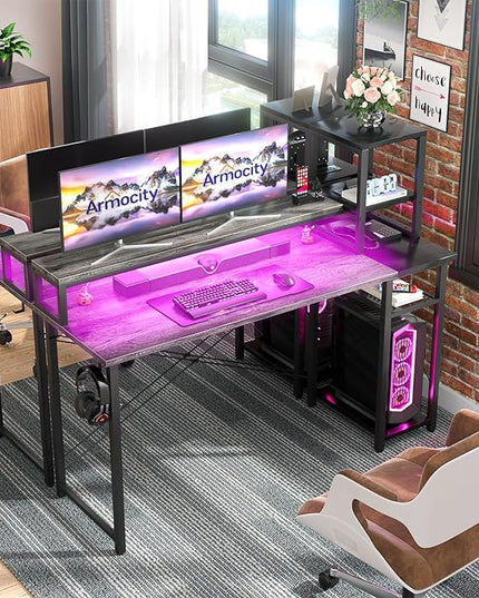 armocity 2024 Upgrade Gaming Desk with LED Lights, Small Computer Desk with Long Monitor Stand, 47.2'' Reversible Laptop Table with Storage Shelves, Small Desk for Small Spaces, Gaming Room, Grey - LeafyLoom
