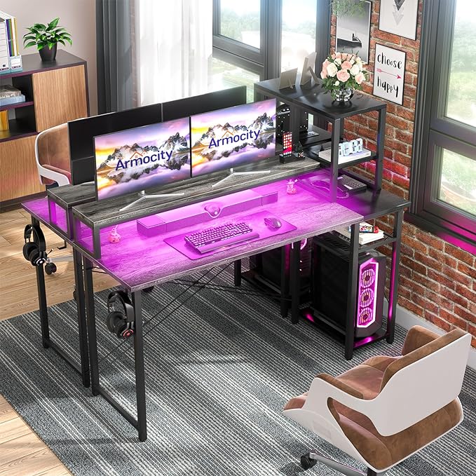 armocity 2024 Upgrade Gaming Desk with LED Lights, Small Computer Desk with Long Monitor Stand, 47.2'' Reversible Laptop Table with Storage Shelves, Small Desk for Small Spaces, Gaming Room, Grey - LeafyLoom