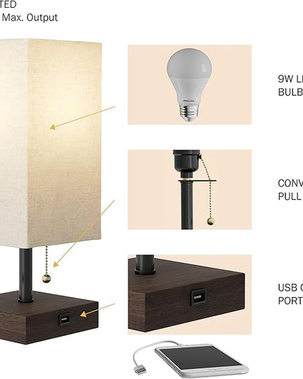 Lavish Home LED Desk Lamp with USB Charging Port - Small Bedside Table Light for Reading - Bedroom, Living or Dining Room, Dorm Decor (Linen/Brown) - LeafyLoom