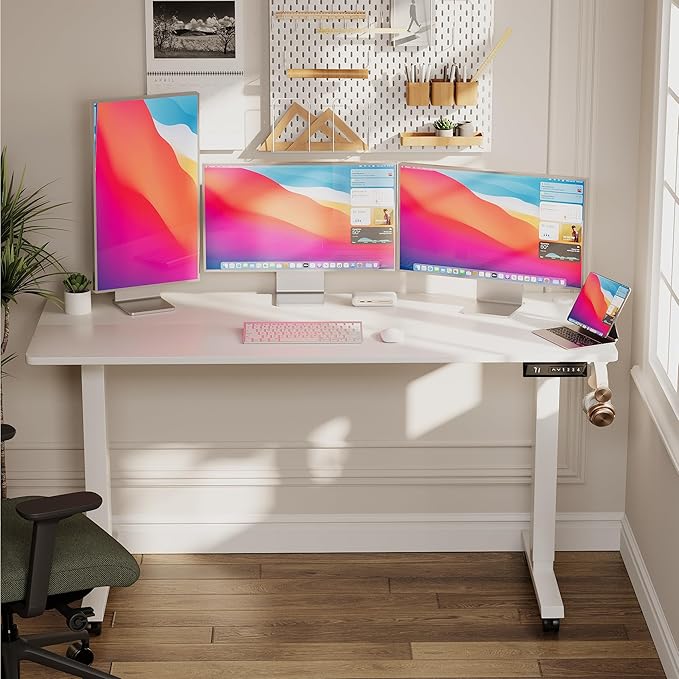 Electric Standing Desk 60 Inch, Ergonomic Height Adjustable Table with T-Shaped Metal Bracket Modern Computer Workstations for Home Office, White - LeafyLoom