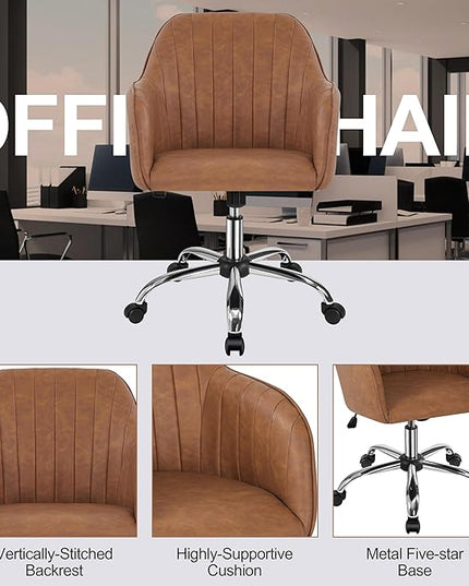 Yaheetech Modern Faux Leather Desk Chair Height Adjustable Task Chair Swivel Office Chair Makeup Chair Computer Chair Mid Back Chair Living Room Chairs with Arms Retro Brown - LeafyLoom