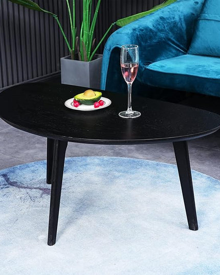 FIRMINANA Small Black Oval Coffee Table for Small Space , Simple Modern Center Table with OAK Wood Legs-Black-18.9" D x 33.47" W x 15.75" H - LeafyLoom