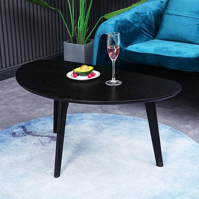 FIRMINANA Small Black Oval Coffee Table for Small Space , Simple Modern Center Table with OAK Wood Legs-Black-18.9" D x 33.47" W x 15.75" H - LeafyLoom