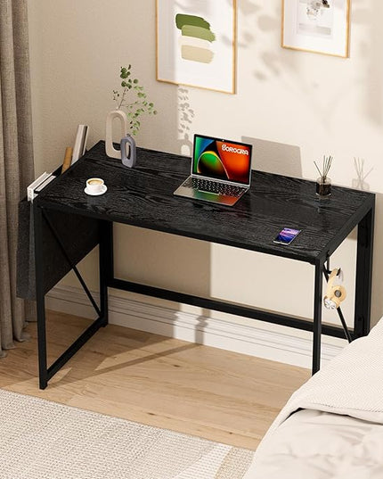 Folding Desk, Small Foldable Desk 39.4 Inch for Small Space, Computer Table Home Office Writing Desk with Storage Bag Headphone Hook, Easy Assembly, Black - LeafyLoom