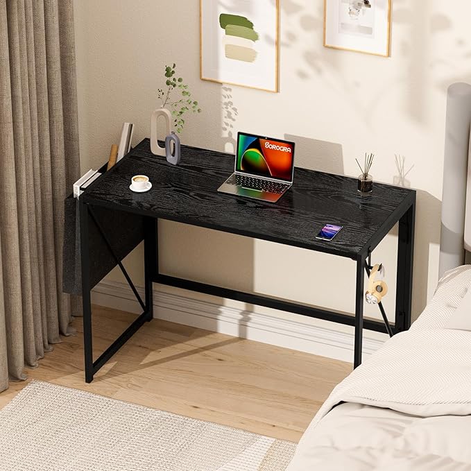Folding Desk, Small Foldable Desk 39.4 Inch for Small Space, Computer Table Home Office Writing Desk with Storage Bag Headphone Hook, Easy Assembly, Black - LeafyLoom