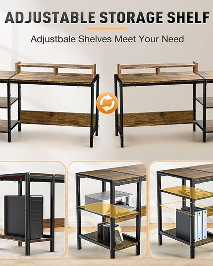 Gimars Upgrade 47” Computer Home Office Desk with Monitor Stand, Rustic Writing Desk with Adjustable Shelves & Large Bookshelf, Easy Assembly Gaming Desk, Spacious, Modren Design for Home Office - LeafyLoom