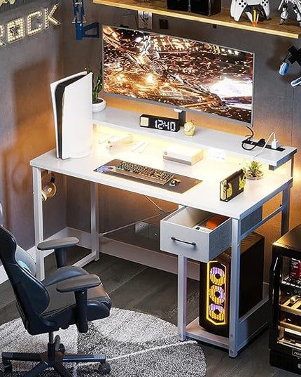 AODK Gaming Desk with LED Lights & Power Outlet, 40 Inch Computer Desk with Drawer, Reversible Desk with Adjustable Monitor Shelf & Headphone Hook for Home Office, White - LeafyLoom