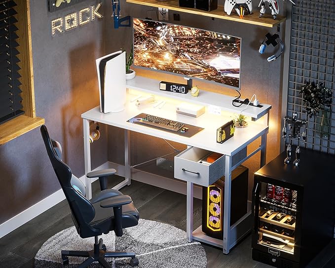 AODK Gaming Desk with LED Lights & Power Outlet, 40 Inch Computer Desk with Drawer, Reversible Desk with Adjustable Monitor Shelf & Headphone Hook for Home Office, White - LeafyLoom