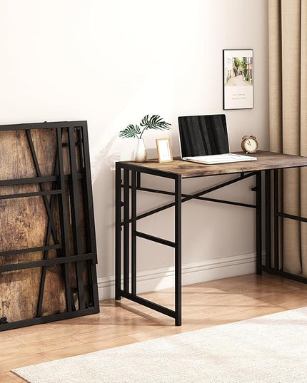 Folding Small Computer Desk, Foldable Space-Saving Home Office Table, Simple Study Writing Gaming Workstation for Small Space, No Assembly Needed, Rustic Brown - LeafyLoom