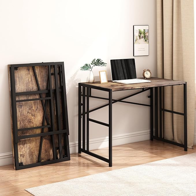 Folding Small Computer Desk, Foldable Space-Saving Home Office Table, Simple Study Writing Gaming Workstation for Small Space, No Assembly Needed, Rustic Brown - LeafyLoom