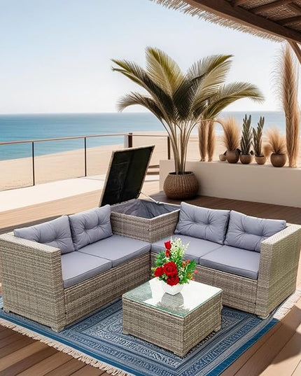 4 Piece Outdoor Furniture Set Wicker Rattan Patio Sectional Sofa with Storage Box and Table for Garden, Backyark, Porch Deck, Balcony, Grey - LeafyLoom