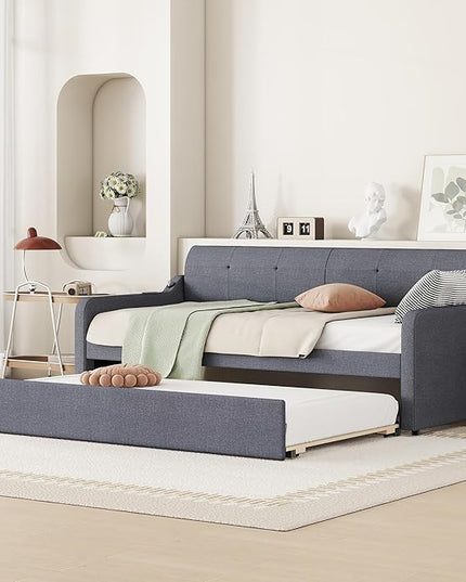 Twin Size Daybed Frame with Pop-up Trundle,Upholstered Day Bed Twin with Charging Station,Wood Sofa Bed Frame with USB for Bedroom,Living Room,Guest(Twin,Gray) - LeafyLoom