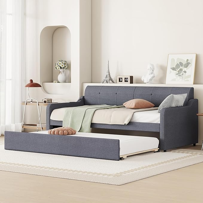 Twin Size Daybed Frame with Pop-up Trundle,Upholstered Day Bed Twin with Charging Station,Wood Sofa Bed Frame with USB for Bedroom,Living Room,Guest(Twin,Gray) - LeafyLoom