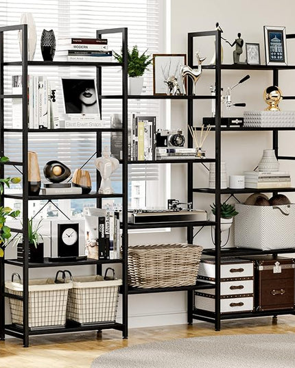 NUMENN Triple Wide 5 Tier Bookshelf, Rustic Industrial Style Bookcases and Bookshelves with 14 Open Display Shelves, Modern Tall Bookcase Furniture for Bedroom, Living Room and Home Office, Black - LeafyLoom