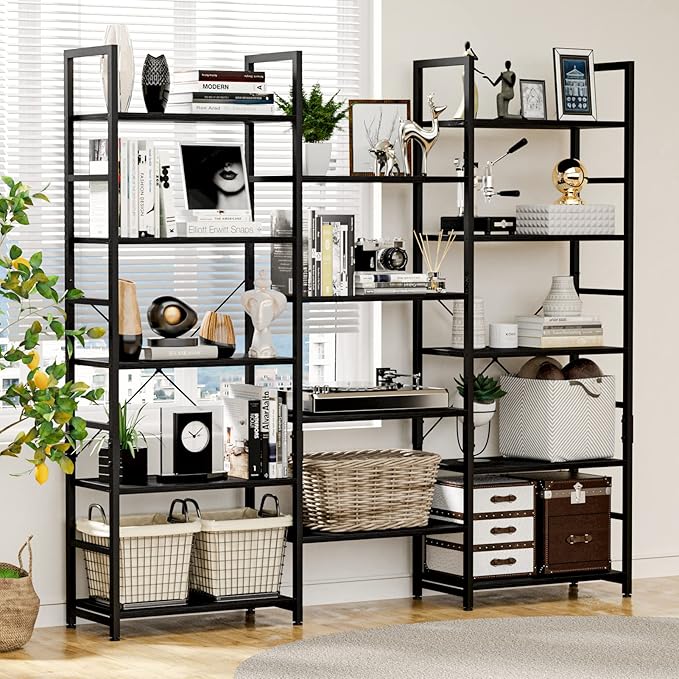 NUMENN Triple Wide 5 Tier Bookshelf, Rustic Industrial Style Bookcases and Bookshelves with 14 Open Display Shelves, Modern Tall Bookcase Furniture for Bedroom, Living Room and Home Office, Black - LeafyLoom