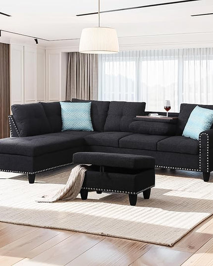 Sectional Sofa with Ottoman, Living Room Furniture Set, Left Facing Chaise, 2 Cup Holders,Comfy Upholstered Sofa&Couch Corner Couch for Apartment Office, 1-Modular Gray - LeafyLoom