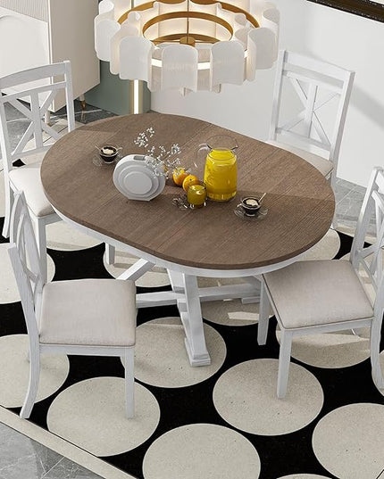 Retro Style 5 Piece Set with Extendable Round Table and 4 Upholstered Chairs, Full Assembly Required and Easy Clean, for Dining Room, Kitchen, Brown+Antique White - LeafyLoom