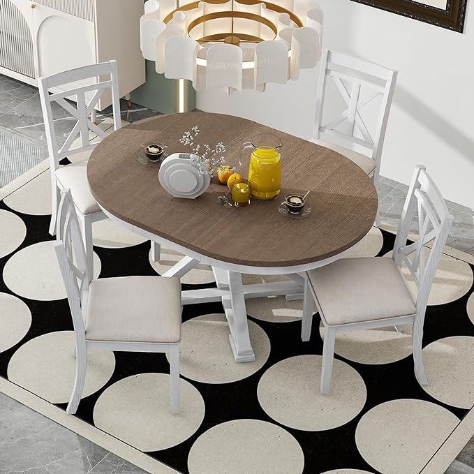 Retro Style 5 Piece Set with Extendable Round Table and 4 Upholstered Chairs, Full Assembly Required and Easy Clean, for Dining Room, Kitchen, Brown+Antique White - LeafyLoom