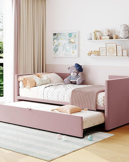 Day Bed (Twin, Pink) with Pop Up Trundle, Velvet Upholstered, Extendable to King, Backrest and Armrests, for Living Room Apartment - LeafyLoom