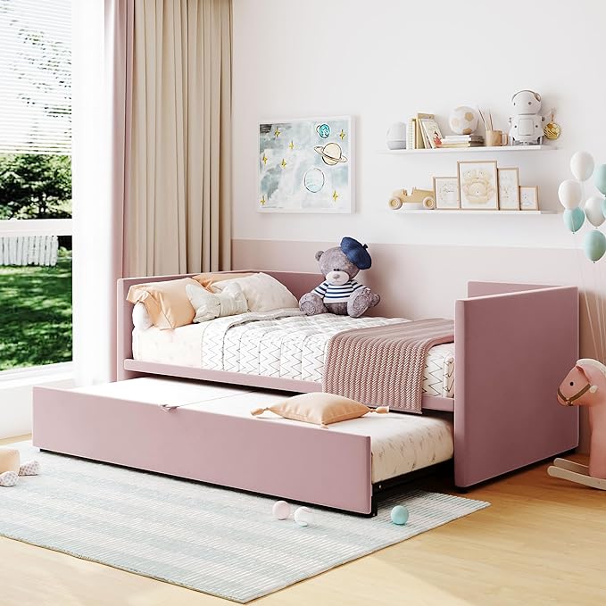 Day Bed (Twin, Pink) with Pop Up Trundle, Velvet Upholstered, Extendable to King, Backrest and Armrests, for Living Room Apartment - LeafyLoom