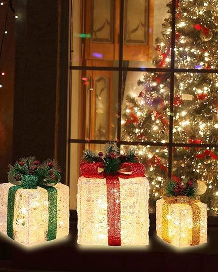 [Large 10"x8.5"x6.5" Christmas Set of 3 Lighted Clear Acrylic Gift Boxes Decorations Pre-lit 70 Super-Bright LED with Flashers,for Indoor Outdoor Pathway Holiday Party Home(Warm White) GLOWNOVA
