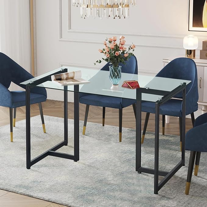FurnitureR 47" Modern Rectangular Dining Table with Spacious Tempered Glass Tabletop & Black Legs Elegant for Home Kitchen Restaurant - LeafyLoom