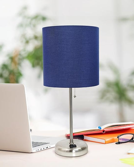 Simple Designs LT1144-NAV Sleek and Slender Brushed Steel Table Lamp with Charging Outlet, for Bedroom, Living Room, Entryway, Office, Dining Room, Study, Navy Blue Shade - LeafyLoom