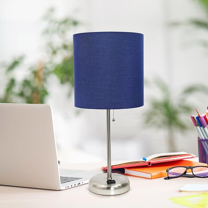 Simple Designs LT1144-NAV Sleek and Slender Brushed Steel Table Lamp with Charging Outlet, for Bedroom, Living Room, Entryway, Office, Dining Room, Study, Navy Blue Shade - LeafyLoom