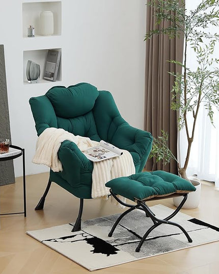 Lazy Chair with Ottoman, Modern Chair with Folding Footrest, Lounge Accent Chair, Comfortable Reading Chair (Peach Dark Green) - LeafyLoom