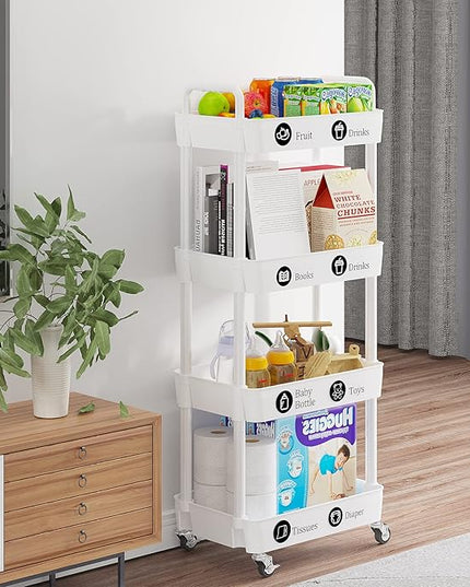 4-Tier Storage Cart,Multifunction Utility Rolling Cart Kitchen Storage Organizer,Mobile Shelving Unit Cart with Lockable Wheels for Bathroom,Laundry,Living Room,With Classified Stickers,White - LeafyLoom