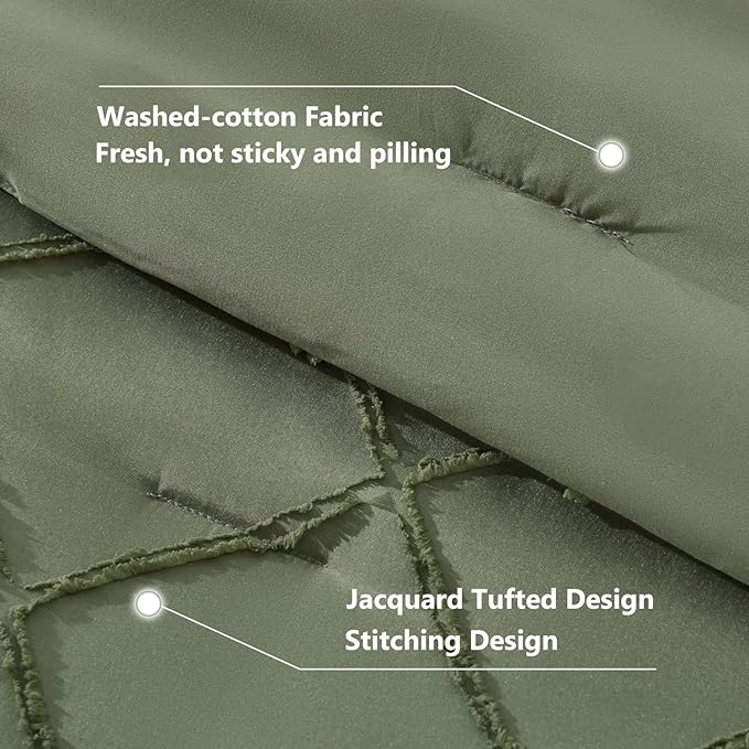 Boho Olive Green Comforter Set with Jacquard Tufted Design,Farmhouse Bedding Sets for All Seasons,Soft 7 Pieces Queen Bed in a Bag Comforter,Flat Sheet,Fitted Sheet,Pillowcases & Shams - LeafyLoom