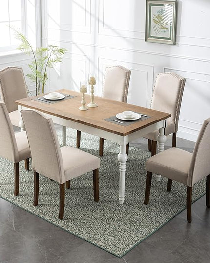 Stylish Upholstered Parsons Nailhead Trim and Sturdy Solid Wood Legs Dining Chairs, Set of 6, Cream - LeafyLoom