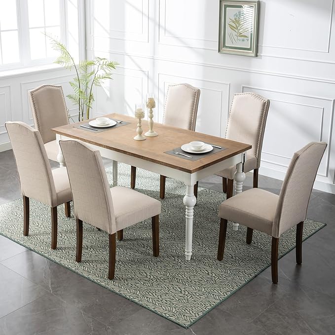 Stylish Upholstered Parsons Nailhead Trim and Sturdy Solid Wood Legs Dining Chairs, Set of 6, Cream - LeafyLoom