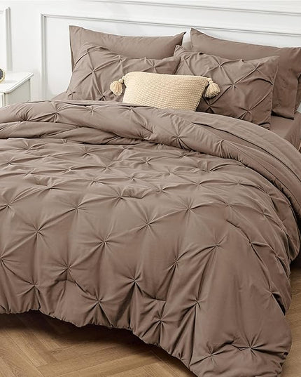 Bedsure Brown Comforter Set Queen - Bed in a Bag Queen 7 Pieces, Pintuck Beddding Sets Brown Bed Set with Comforter, Sheets, Pillowcases & Shams - LeafyLoom