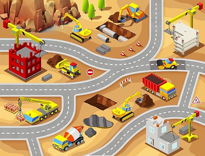 Booooom Jackson Car Construction Rug for Kids,Non Slip Kids Rug,Construction Truck Play Mat,Construction Site Rug,Durable Fun Playtime Kids Car Play Rug,Toddler Car Mat,Excavator Rugs for Playroom - LeafyLoom