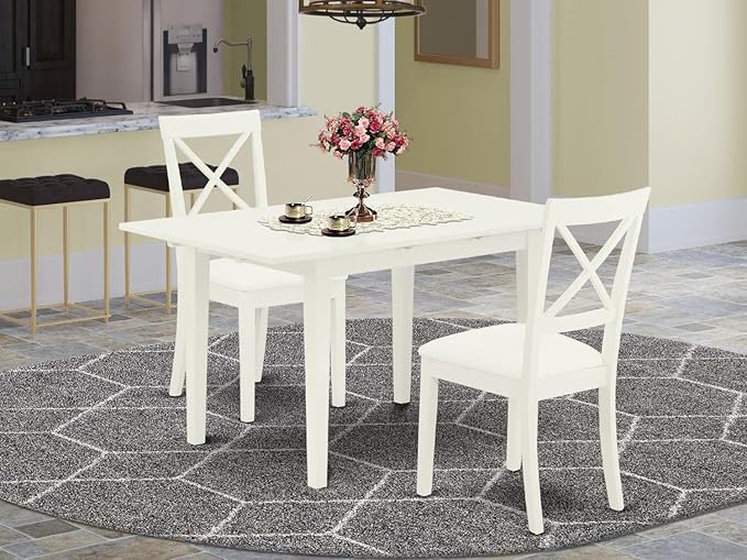 East West Furniture NOBO3-WHI-LC 3 Piece Kitchen Set Contains a Rectangle Table with Butterfly Leaf and 2 Faux Leather Dining Room Chairs, 32x54 Inch - LeafyLoom